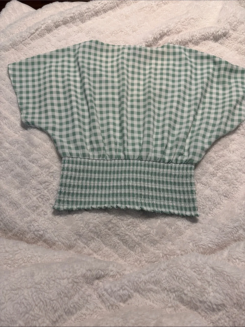 Forever 21 Mint Green Gingham Button-Front Smocked Crop Top - Picture 3 of 3